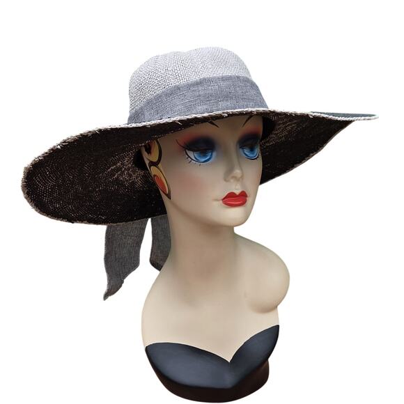 Gray Distressed Wide Brim Sun Hat UPF 50 Linen Bow Coastal Chic main image 4